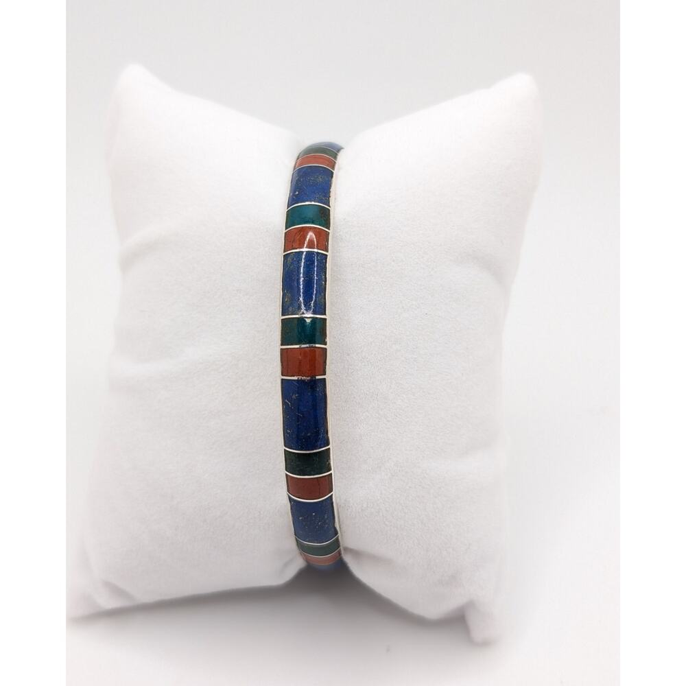 Inlay Bangle with Coral, Lapis and Malachite in 970 Sterling Silver Size 8